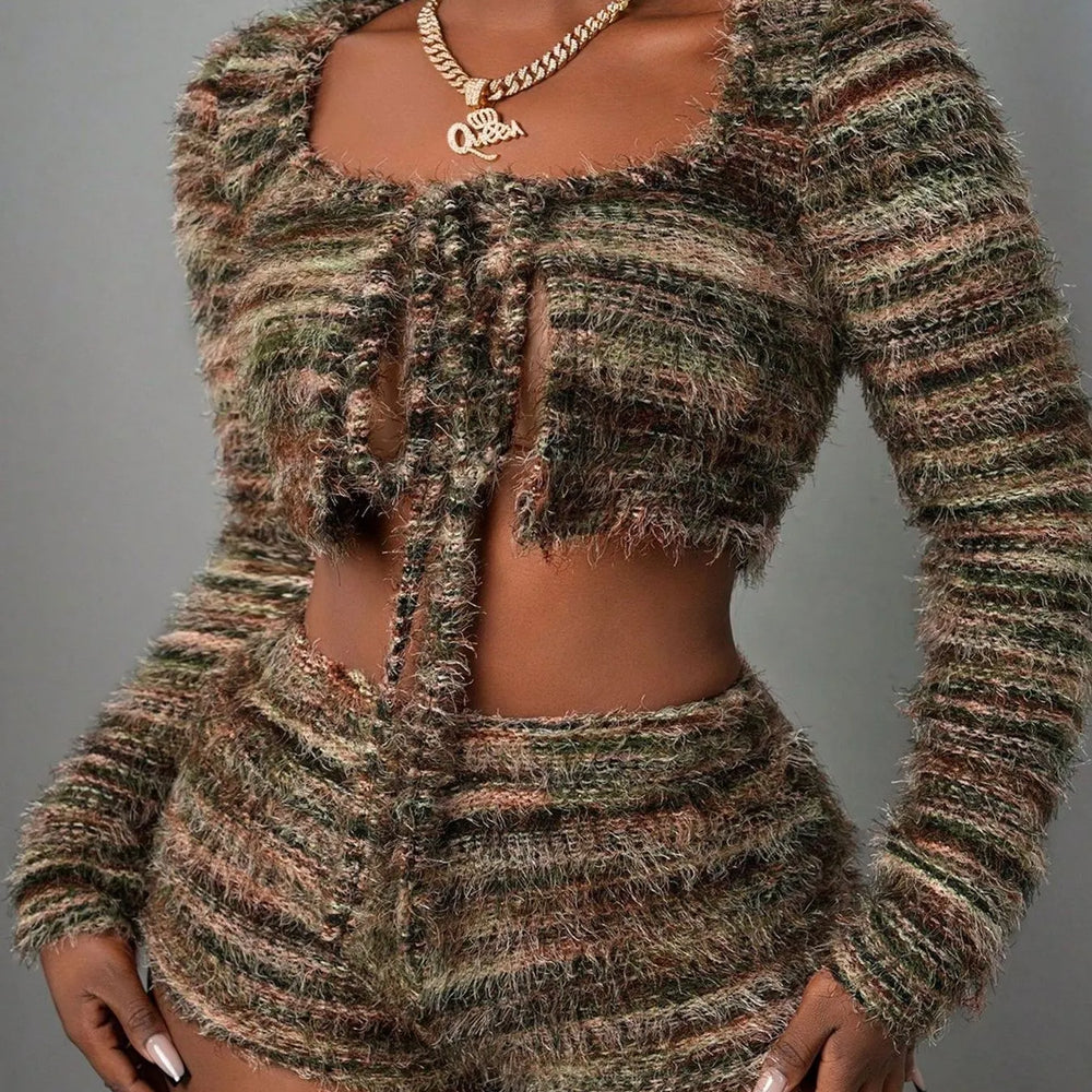 Women wearing 2025 summer fashion trends, including a blue halter ruffled dress, square neck crop top and shorts set, sweetheart tube top and pants set, and a netting zipper mini dress.