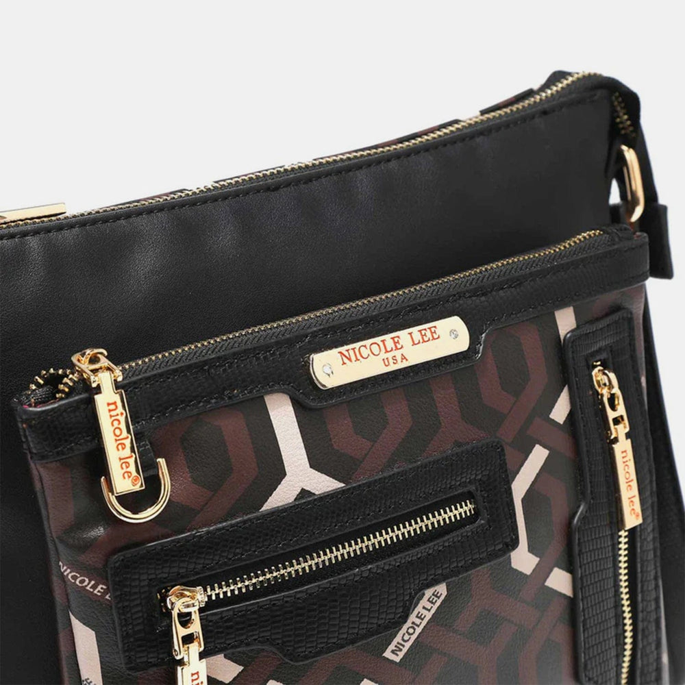 
                  
                    a Nicole Lee USA Geometric Pattern Crossbody Bag from the Unique Kulture collection. The bag features a striking geometric pattern with vibrant colors and bold lines. It has a compact, rectangular shape with a flap closure, gold-tone hardware, and an adjustable strap. The designer logo "Nicole Lee USA" is prominently displayed on the front, adding a touch of sophistication to this trendy and stylish accessory
                  
                