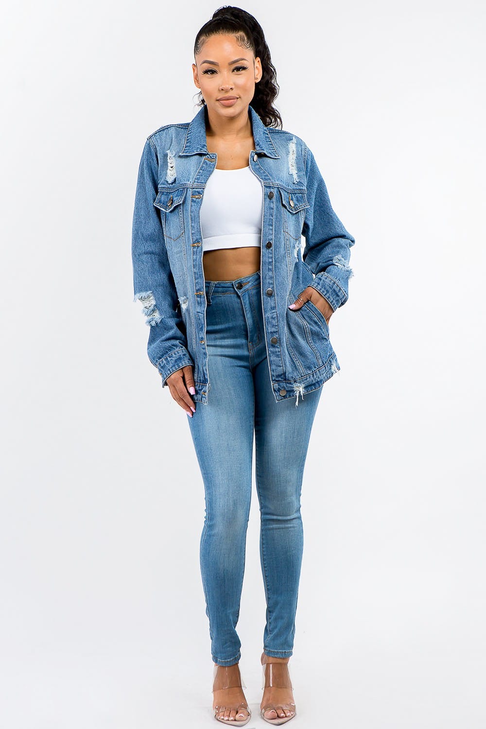 Bazi Full Size Button Up Distressed Denim Jacket