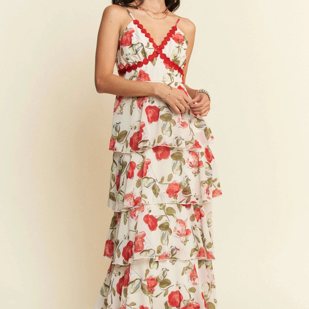 Model wearing a contrast ring lace layered ruffle maxi cami dress from Unique Kulture, featuring delicate lace, layered ruffles, and a unique ring detail.

 model front view