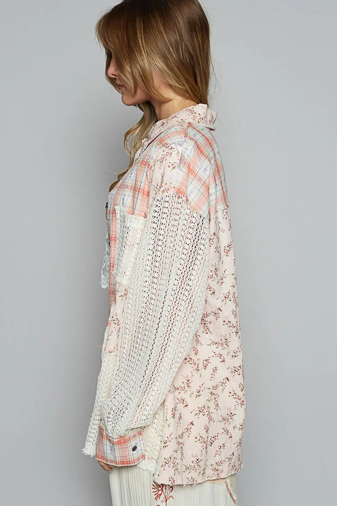 Oversized patchwork button-up shirt with mixed floral, stripe, and checkered prints in soft pink and cream, featuring lace details and a relaxed fit—styled for effortless, feminine fashion.

