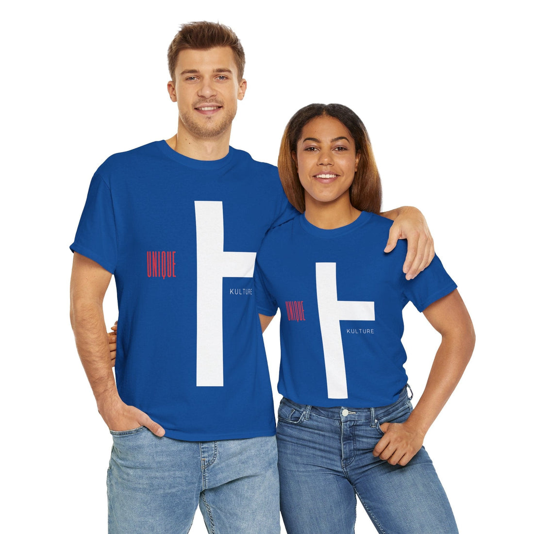 A unisex heavy cotton t-shirt featuring a stylized cross design on the front. The shirt is displayed on a plain background, showcasing its classic crew neck and short sleeves. The cross design is prominent and artistically rendered, blending faith with contemporary style. The fabric appears smooth and high-quality, emphasizing the shirt's comfortable fit and durable construction. The image captures the essence of the Kulture Cross Designer t-shirt, combining spiritual symbolism with modern fashion