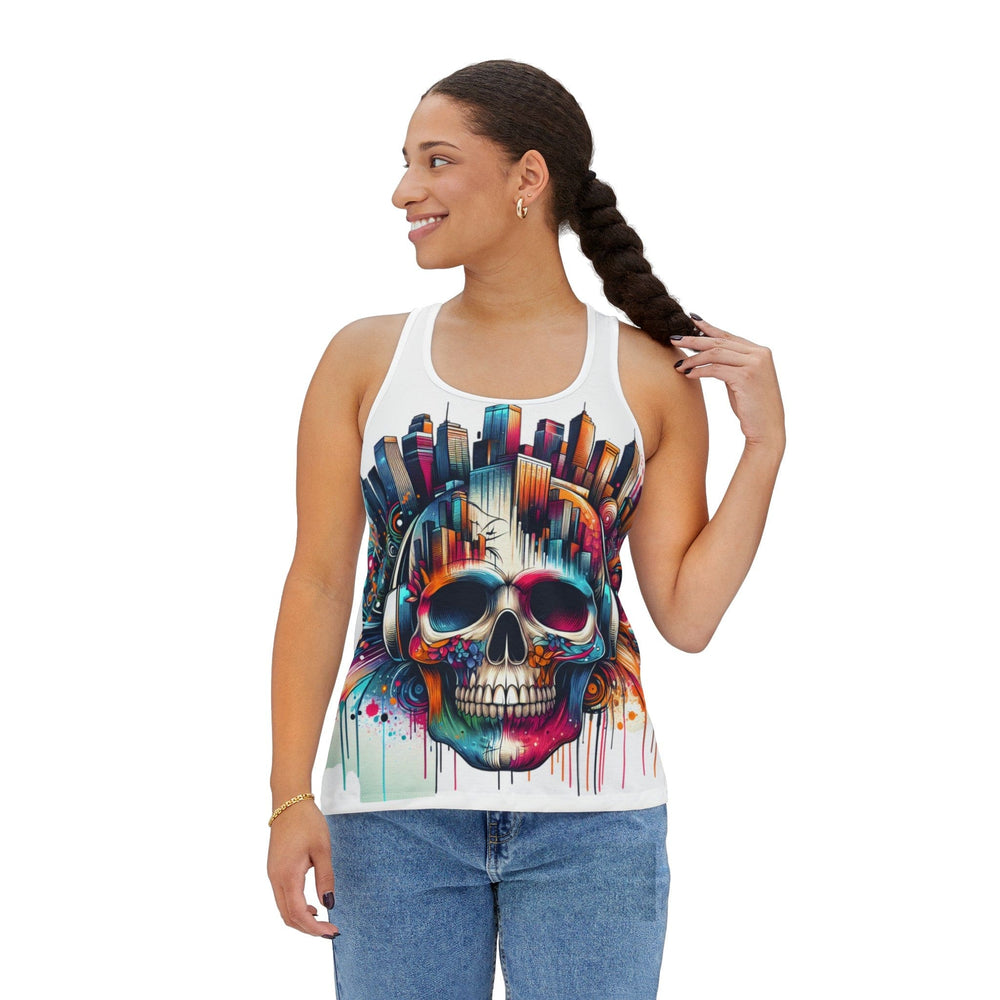 Woman wearing black skull tank top while exercising/being active unique kulture skull collecition