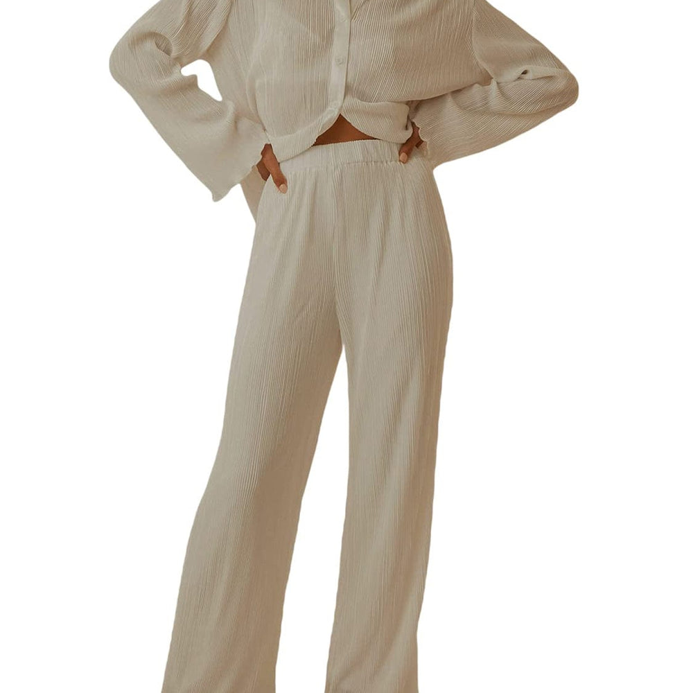 Stylish Collared Neck Long Sleeve Top and Pants Lounge Set featuring a buttoned design in a soft, opaque fabric. The two-piece ensemble is displayed on a neutral background, showcasing its chic and comfortable style, perfect for lounging or casual outings.