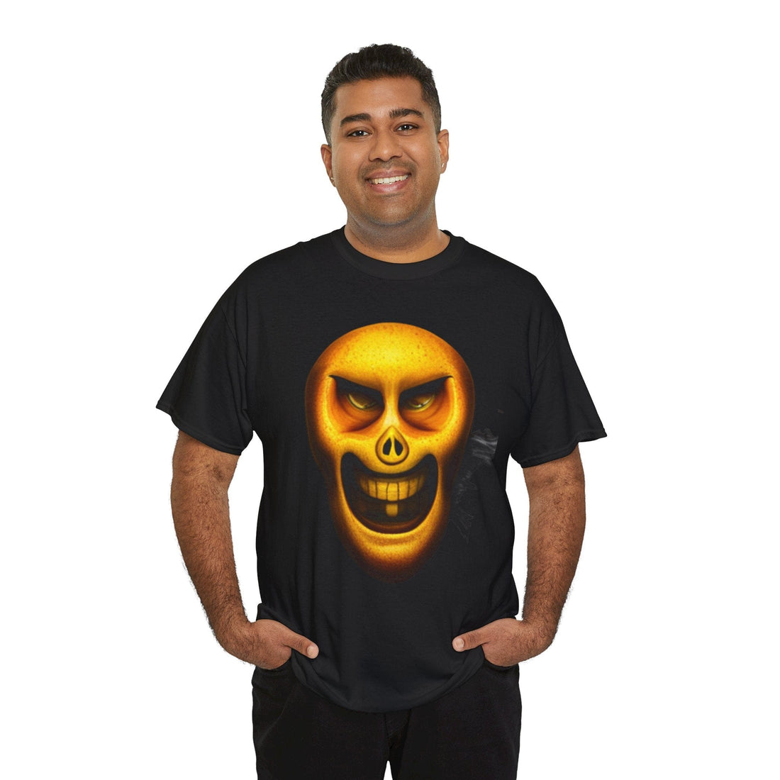 Unique Kulture SmileySkull T-shirt featuring a playful and edgy design of a smiling skull printed on a high-quality, unisex heavy cotton tee. The shirt is medium-weight, made from 100% US cotton, and showcases vivid colors and sharp details. The classic fit and crew neckline offer a comfortable, versatile look suitable for various casual and semi-formal occasions