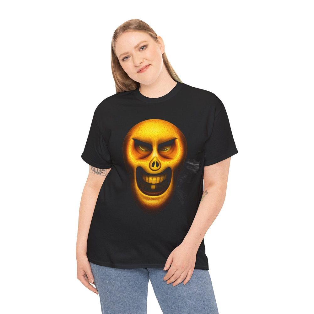 Unique Kulture SmileySkull T-shirt featuring a playful and edgy design of a smiling skull printed on a high-quality, unisex heavy cotton tee. The shirt is medium-weight, made from 100% US cotton, and showcases vivid colors and sharp details. The classic fit and crew neckline offer a comfortable, versatile look suitable for various casual and semi-formal occasions