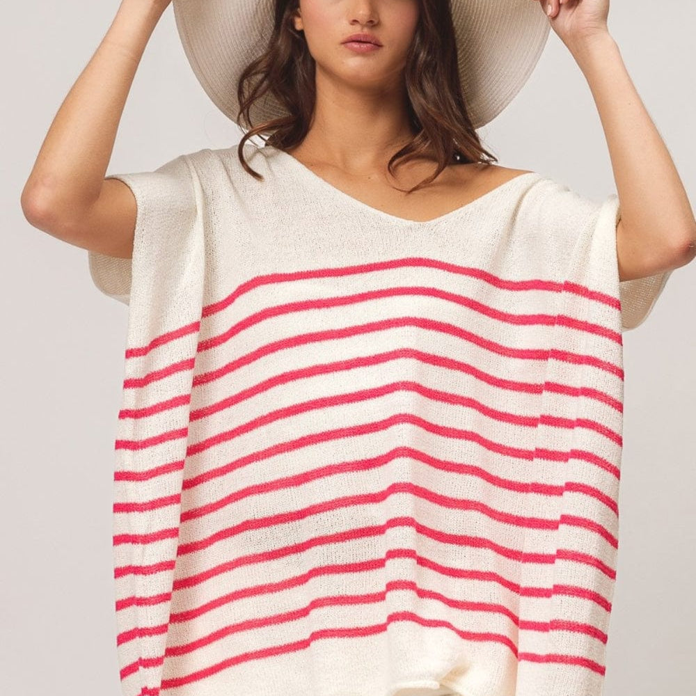 unique kulture designer BiBi V Neck Striped Short Sleeve Top