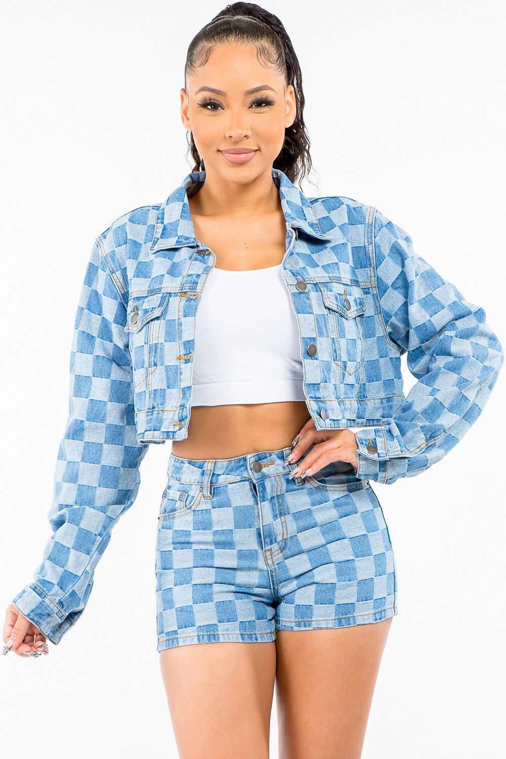 Bazi Checkered Long Sleeve Cropped Denim Jacket