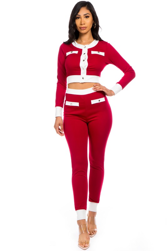 Sexy two piece pant set with round neckline, long sleeves, and skinny elastic waist pants


