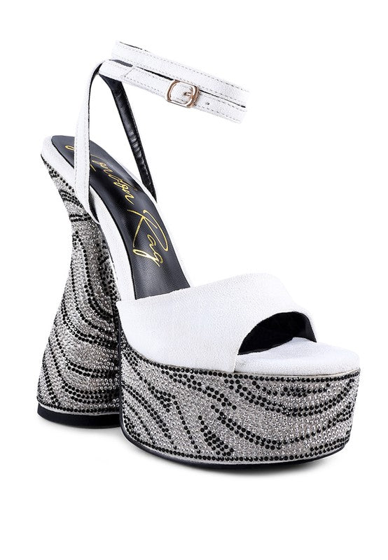 Ultra high platform sandals with zebra print diamante, hourglass heel, slingback, and open toe


