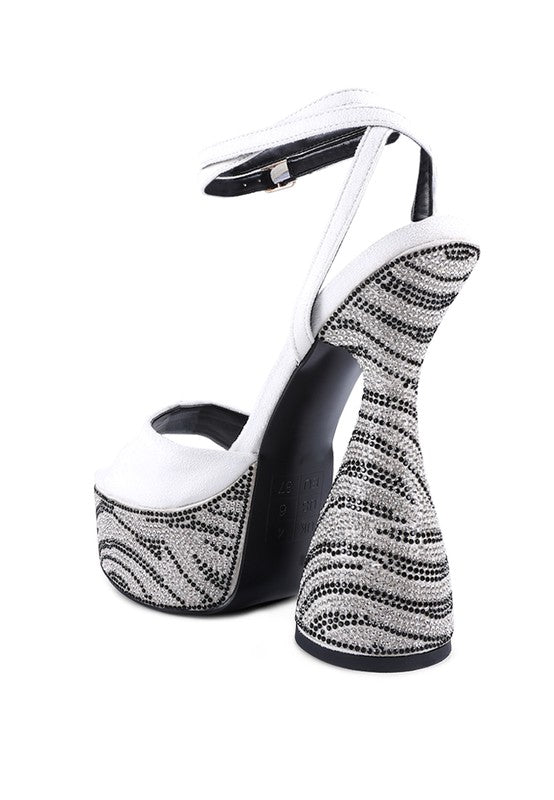 Ultra high platform sandals with zebra print diamante, hourglass heel, slingback, and open toe

