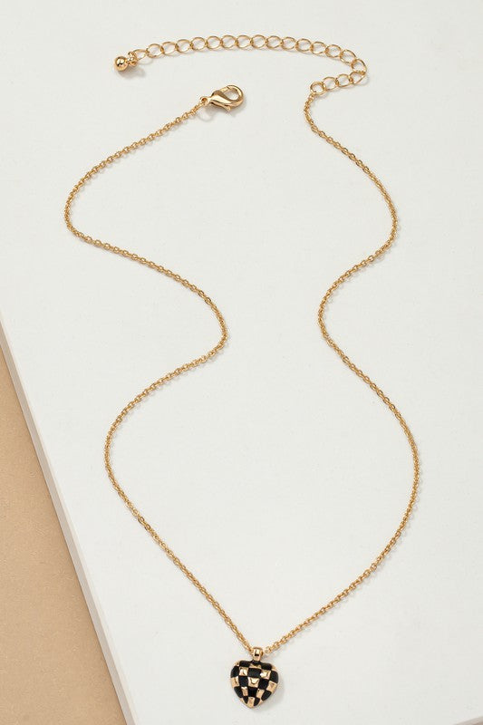 Checkerboard heart pendant necklace by Unique Kulture, trendy statement jewelry


