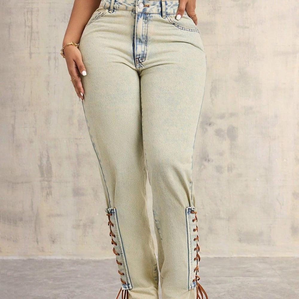 Women's high-rise jeans featuring stylish lace-up detailing, available in various cuts including skinny, straight leg, and flare. Crafted from premium denim blends for comfort and durability, these jeans offer a fashionable twist on classic styles, perfect for adding a unique touch to your wardrobe