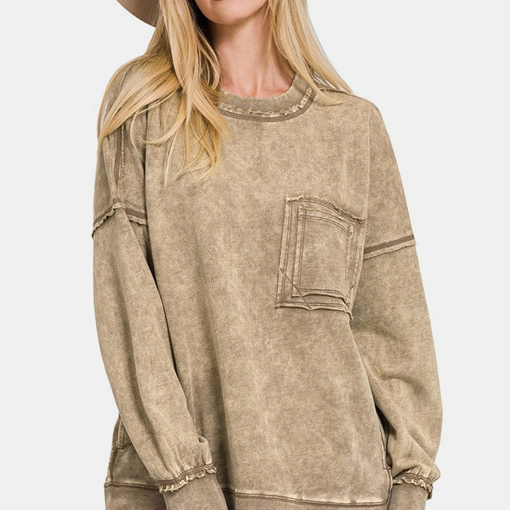 "Unique Kulture Exposed Seam Round Neck Dropped Shoulder Sweatshirt in a soft cotton fabric, featuring exposed seam details and a relaxed dropped shoulder design, perfect for casual wear.