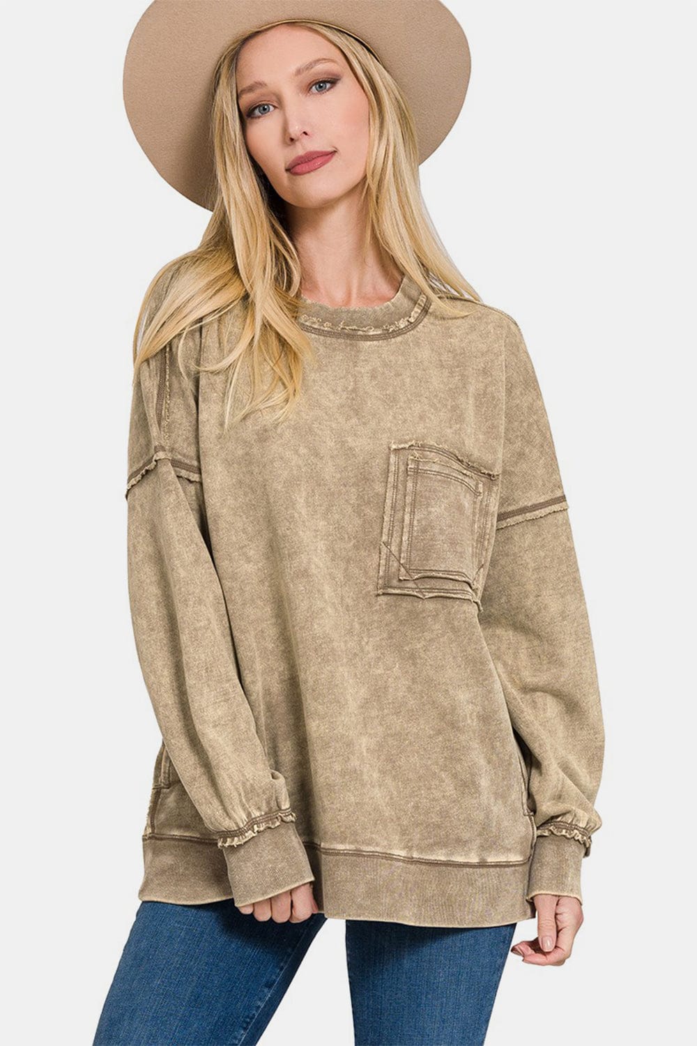 "Unique Kulture Exposed Seam Round Neck Dropped Shoulder Sweatshirt in a soft cotton fabric, featuring exposed seam details and a relaxed dropped shoulder design, perfect for casual wear.