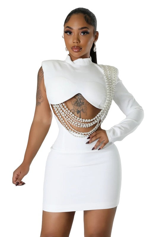 
                  
                    Model wearing Unique Kulture luxury one-shoulder mini party dress with long sleeve and cut-off detail


                  
                