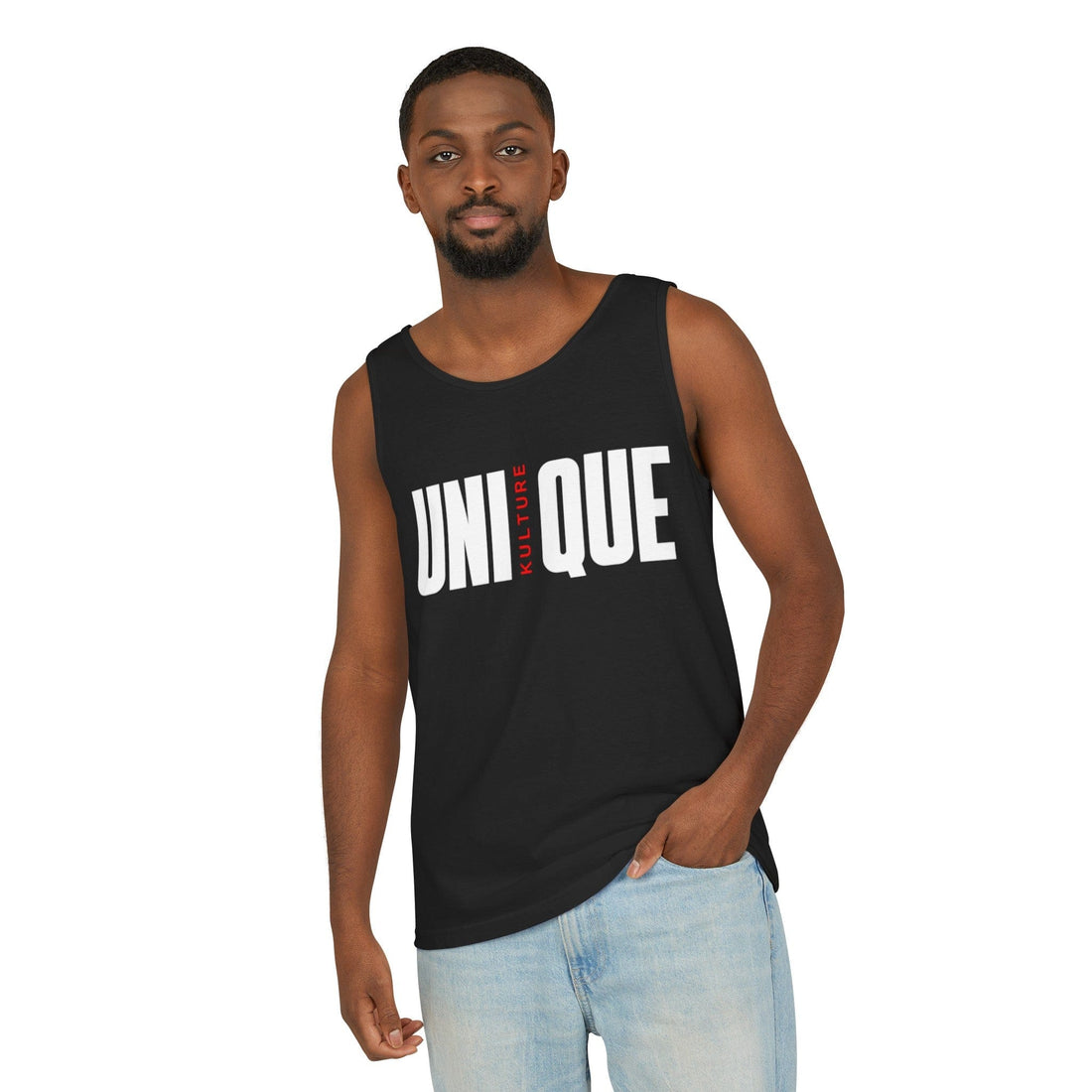 t: Unisex garment-dyed tank top by Unique Kulture. Relaxed fit on model, showcasing the drape of the 100% cotton fabric. Available in multiple vibrant, eco-friendly dyed colors. Sleeveless design with a classic scoop neckl