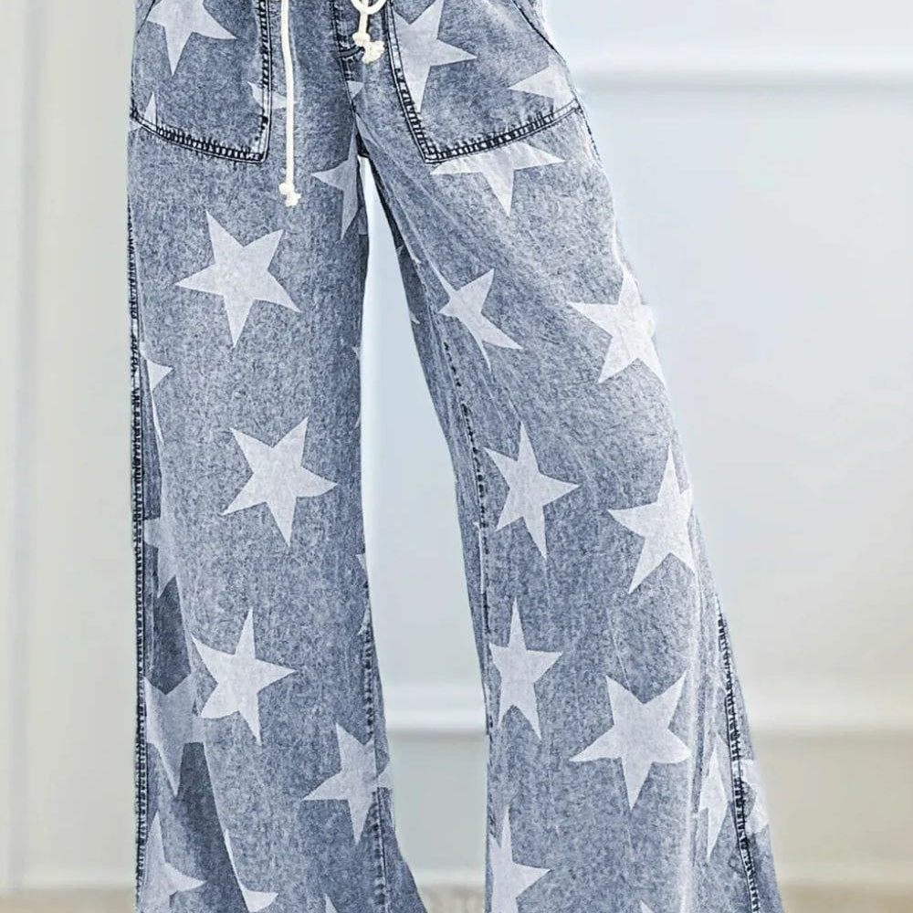 Drawstring Star Wide Leg Jeans: "Drawstring Star Wide Leg Jeans featuring a relaxed fit, star pattern design, and adjustable drawstring waist, displayed on a model or hanger against a neutral background.