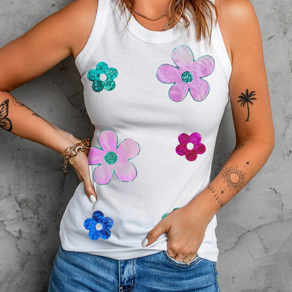 cool Sequin Flower Round Neck Tank