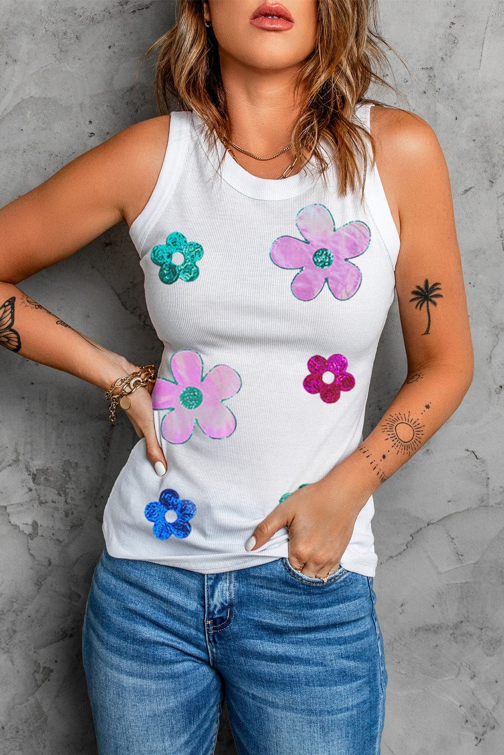 cool Sequin Flower Round Neck Tank