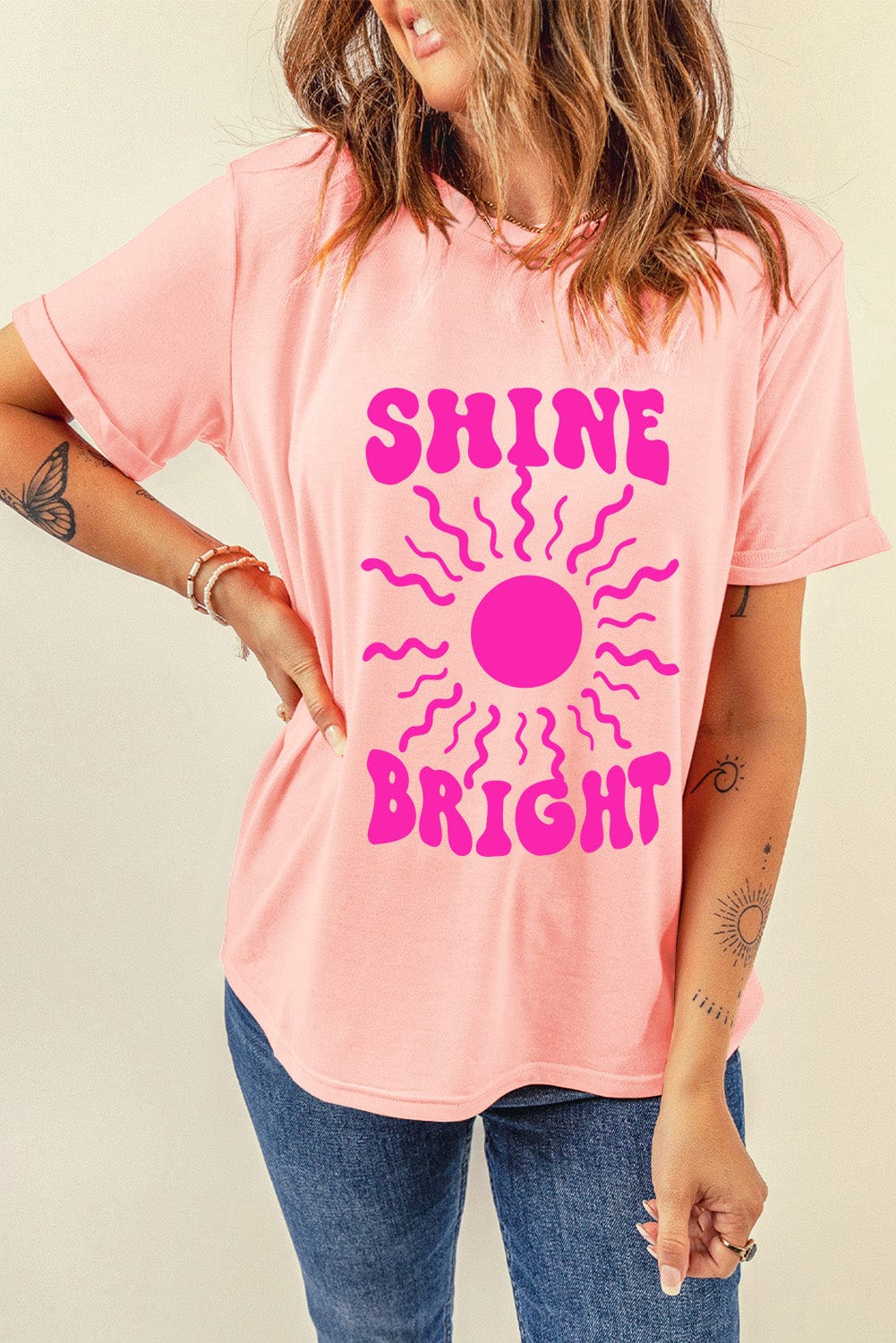 SHINE BRIGHT Round Neck Short Sleeve T-ShirtSHINE BRIGHT Round Neck Short Sleeve T-Shirt