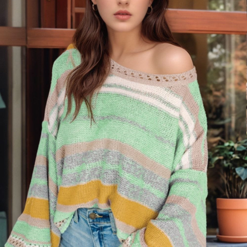 Unique Kulture Contrast Striped Boat Neck Dropped Shoulder Sweater featuring bold stripes and a relaxed fit, perfect for stylish layering and casual wear.