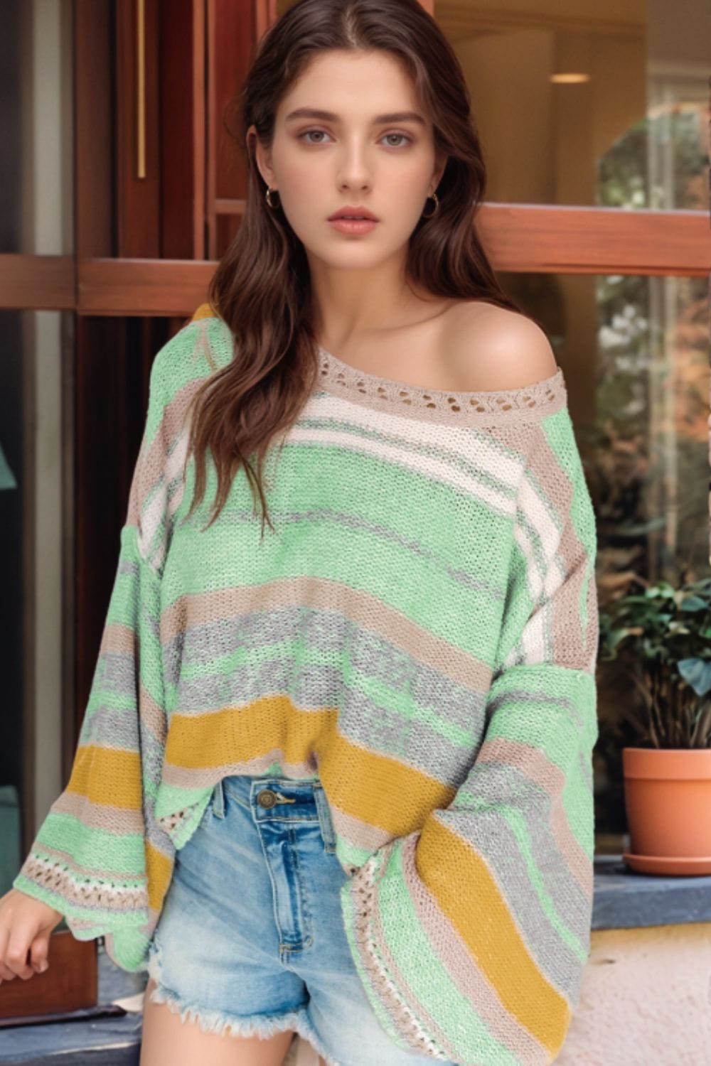 Unique Kulture Contrast Striped Boat Neck Dropped Shoulder Sweater featuring bold stripes and a relaxed fit, perfect for stylish layering and casual wear.