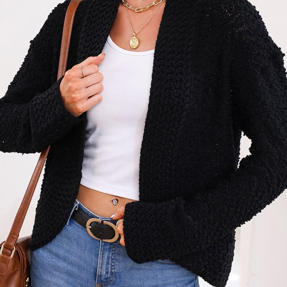 : "Solid Color Open Front Cardigan featuring a relaxed open front design, slightly stretchy fabric, and available in various classic solid colors, perfect for layering in casual and stylish outfits.