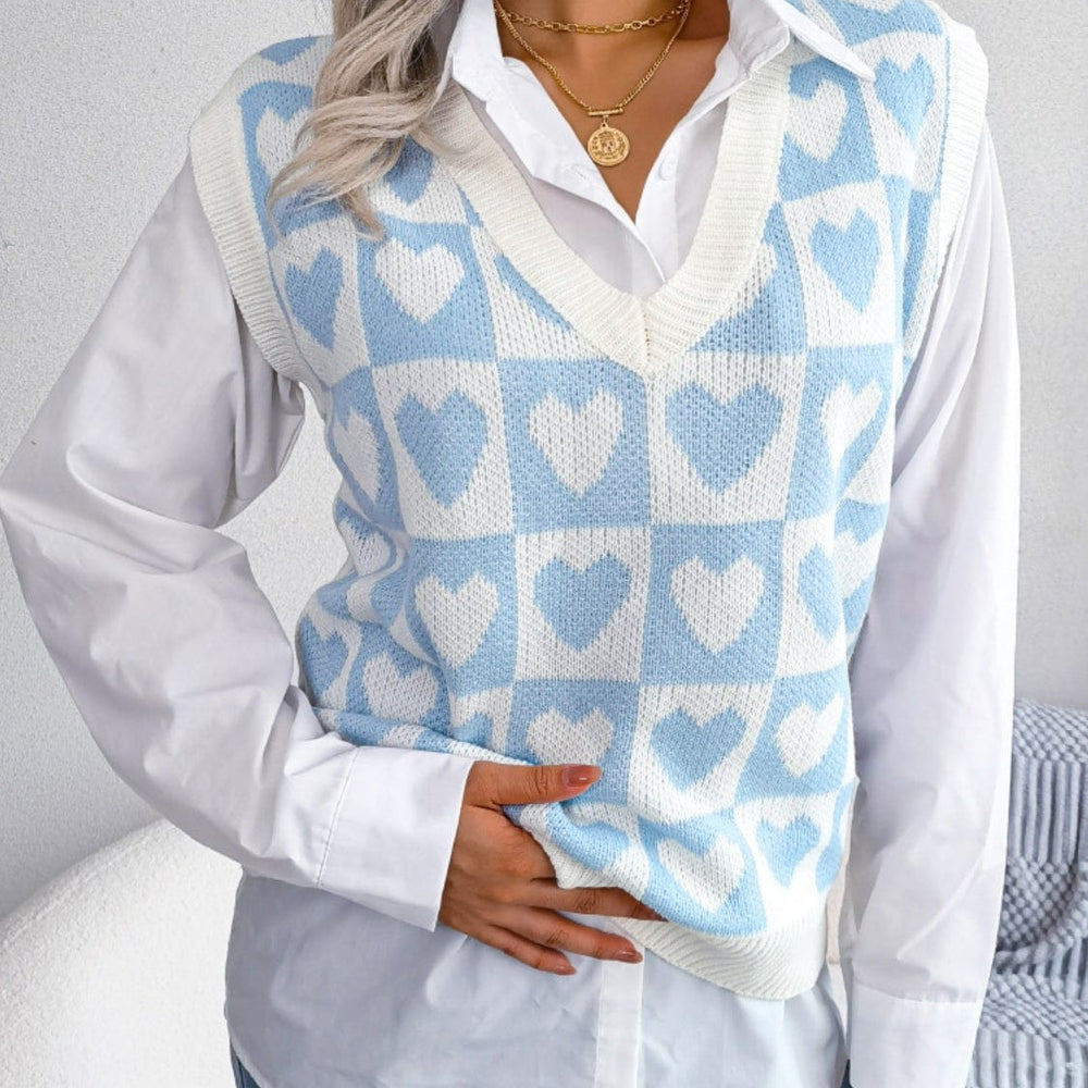 Heart V-Neck Sweater Vest featuring a charming heart pattern and a flattering v-neck design, perfect for stylish layering and casual outfits