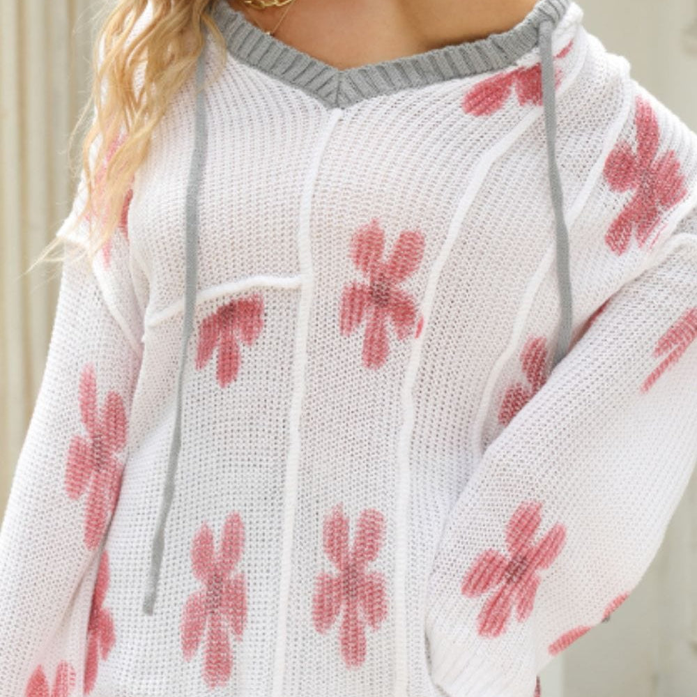 Drawstring Flower Hooded Knit Top featuring a charming floral design, exposed seam details, and a slightly stretchy fit, perfect for casual and comfortable wear.