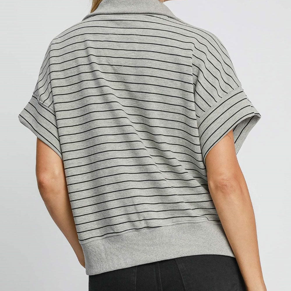 Striped Half Zip Short Sleeve Sweatshirt for women, featuring a fresh striped pattern, comfortable fit, and half-zip design, perfect for spring and summer casual wea

