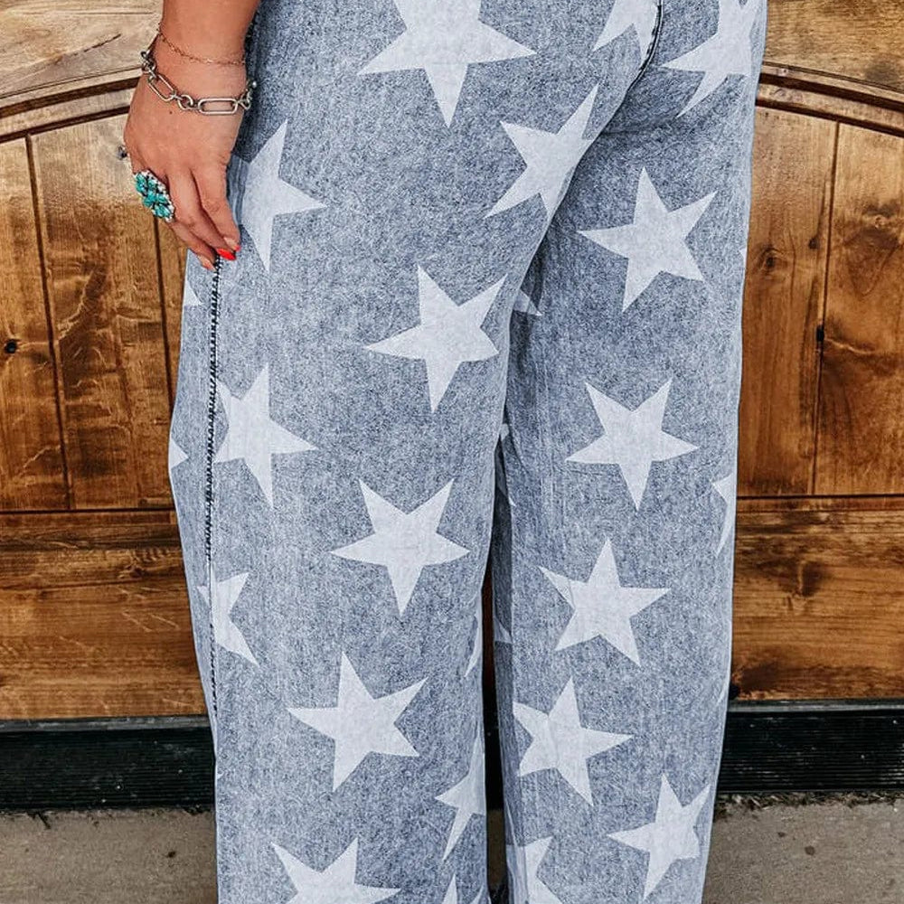 back view 
Drawstring Star Wide Leg Jeans: "Drawstring Star Wide Leg Jeans featuring a relaxed fit, star pattern design, and adjustable drawstring waist, displayed on a model or hanger against a neutral background.