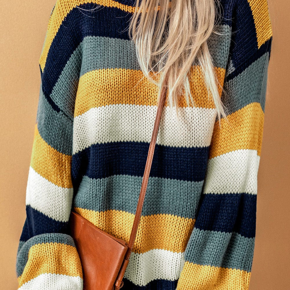 Color Block Round Neck Dropped Shoulder Sweater featuring a trendy color block design and relaxed dropped shoulder seams, perfect for casual and stylish outfits