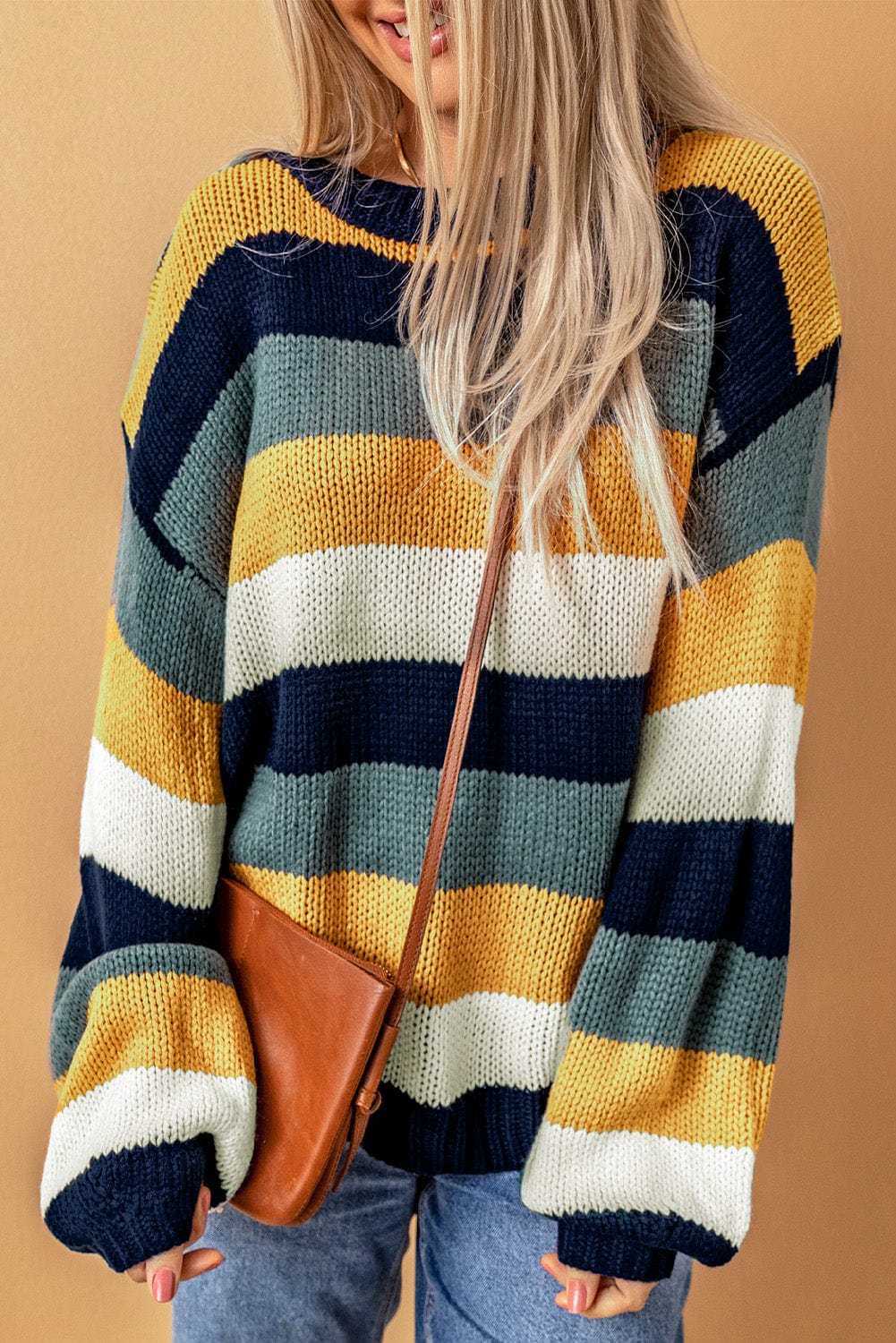 Color Block Round Neck Dropped Shoulder Sweater featuring a trendy color block design and relaxed dropped shoulder seams, perfect for casual and stylish outfits