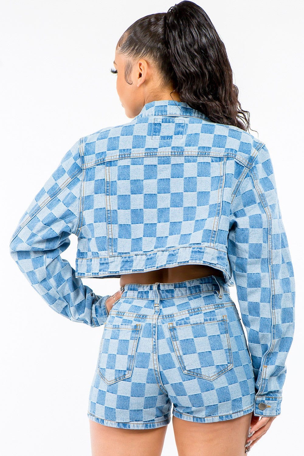 Bazi Checkered Long Sleeve Cropped Denim Jacket