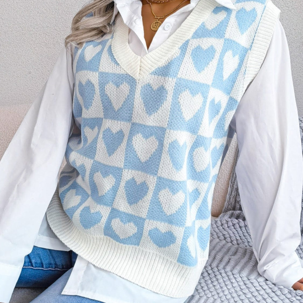 Heart V-Neck Sweater Vest featuring a charming heart pattern and a flattering v-neck design, perfect for stylish layering and casual outfits