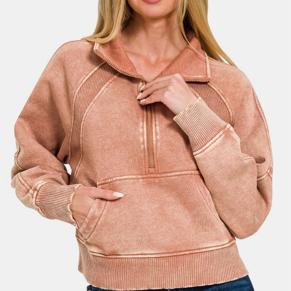 unique kulture pink Zenana Acid Washed Half Zip Fleece Sweatshirt front view