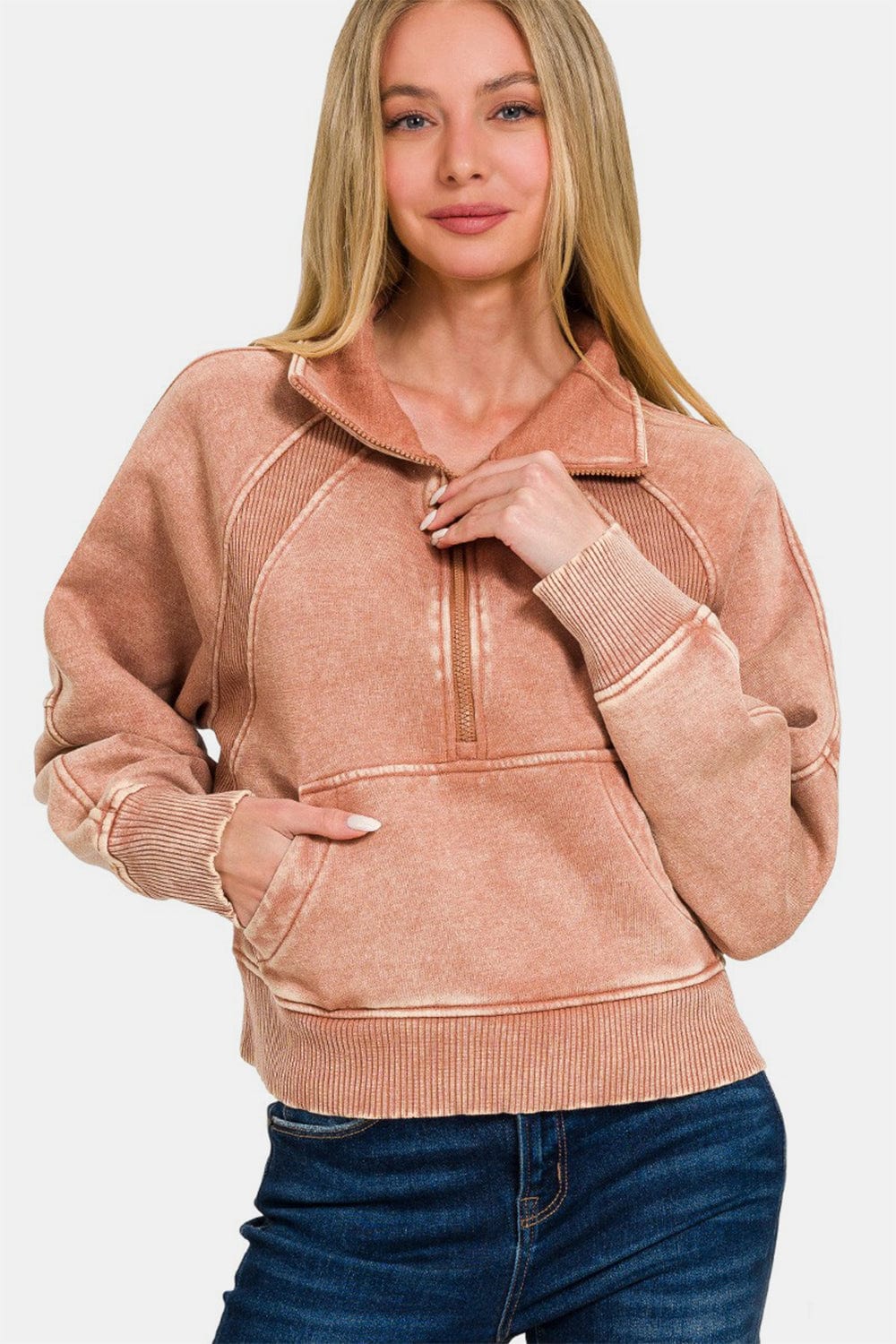 unique kulture pink Zenana Acid Washed Half Zip Fleece Sweatshirt front view