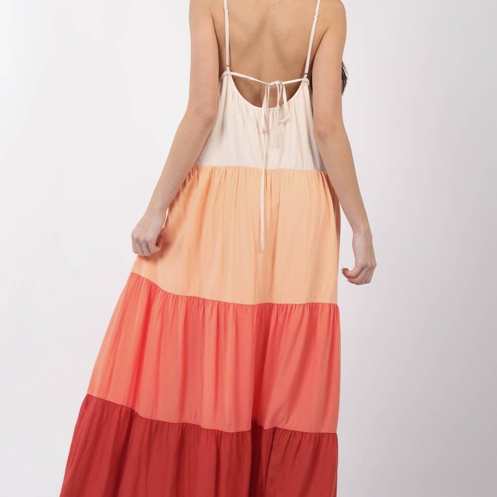  A color block tiered maxi cami dress by Unique Kulture, showcasing vibrant hues and flattering silhouette for a chic summer look."