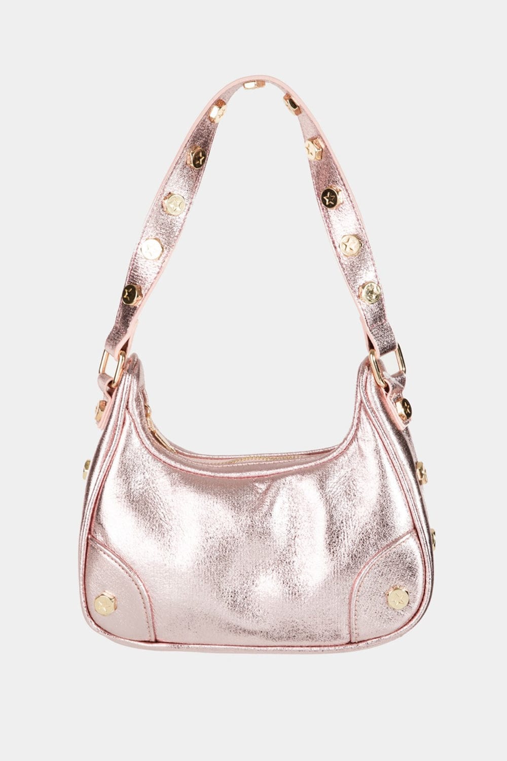 Fame Star Button Trim Hobo Handbag featuring a unique star button trim design and a relaxed hobo shape. The handbag is displayed in a stylish setting, showcasing its compact size and fashionable appeal, perfect for both casual and dressy occasions