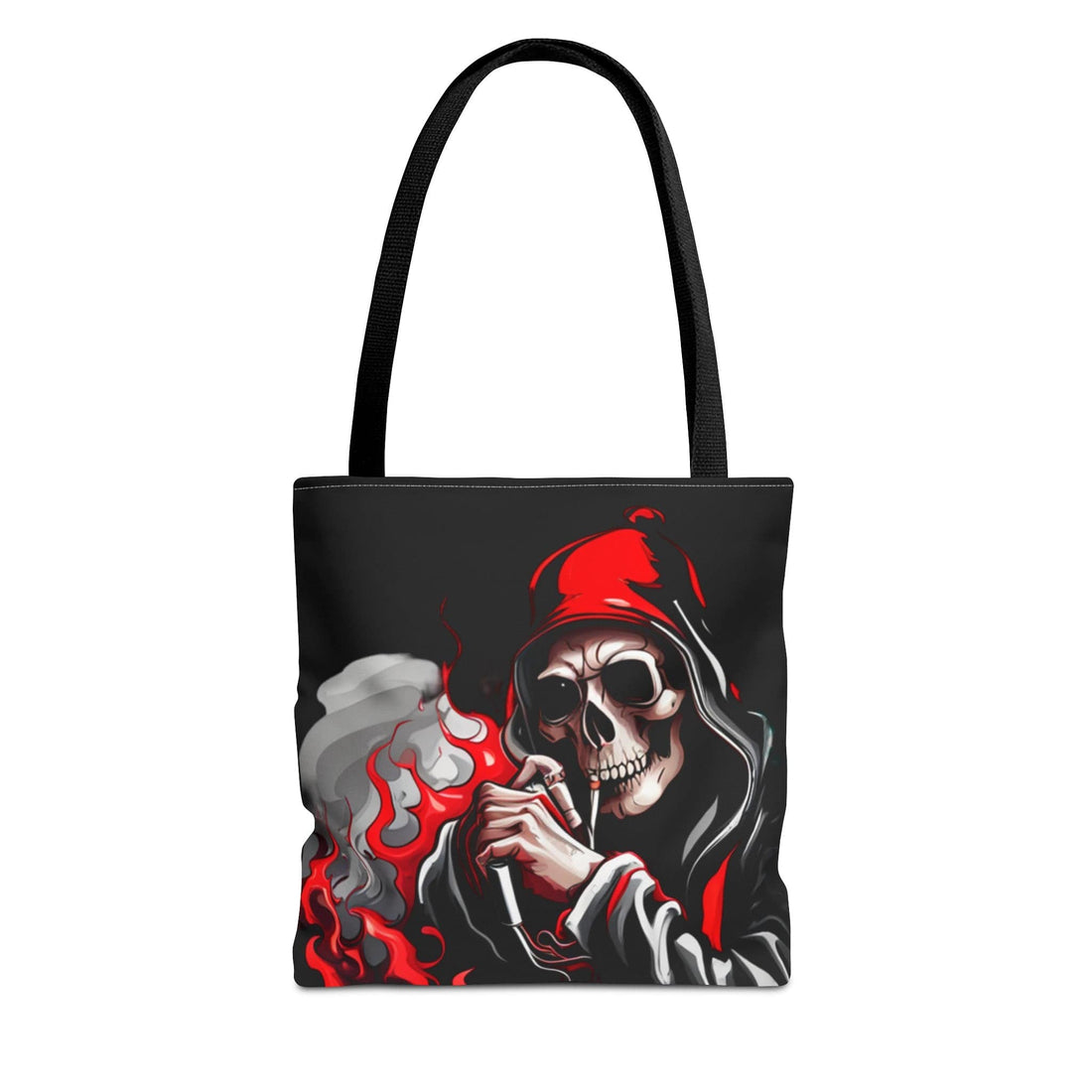 : Stylish tote bag featuring an all-over skull design in black and white. The bag has a spacious main compartment with durable handles. The intricate skull pattern covers the entire surface, creating a bold and edgy look. Available in multiple sizes with various handle color options.