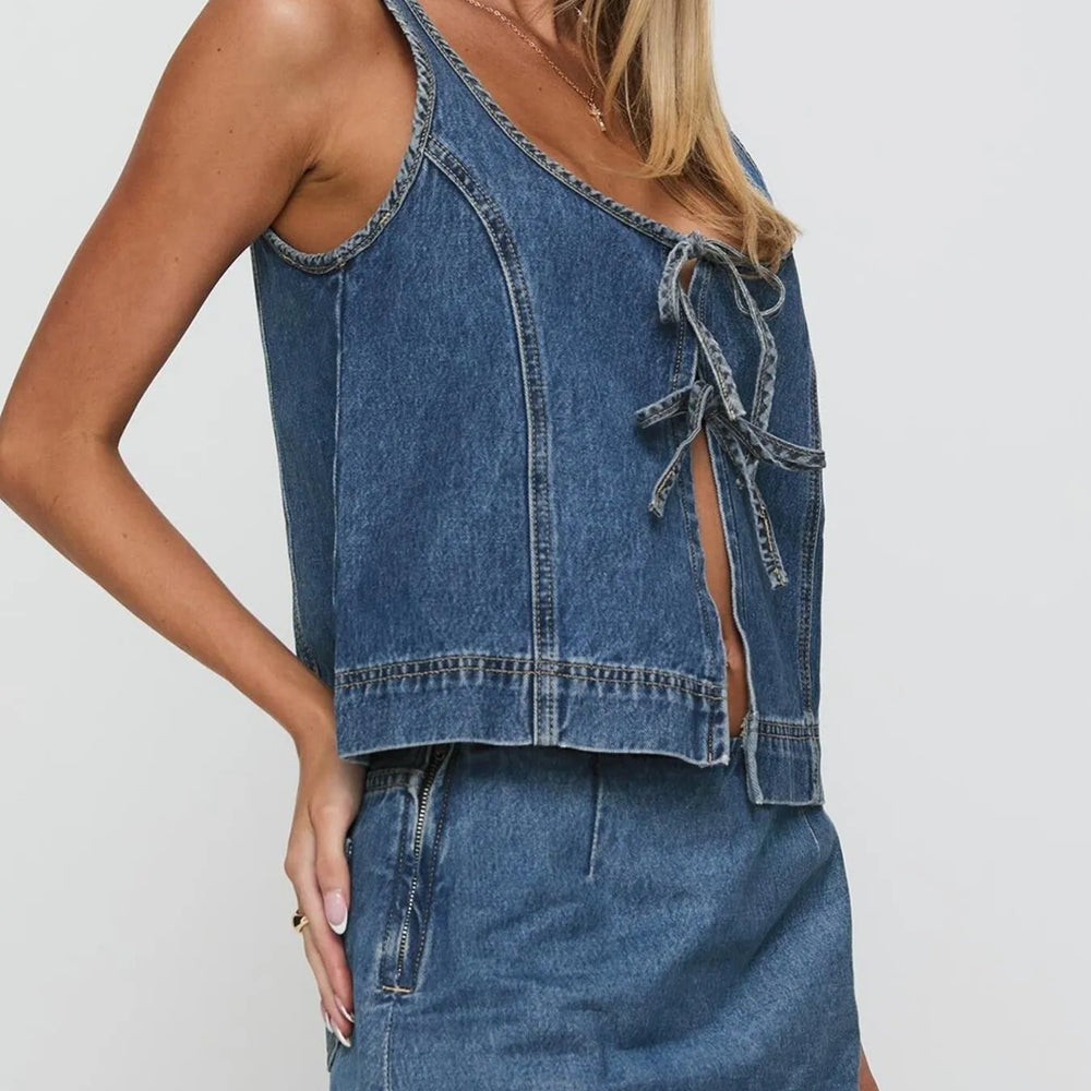 Tie front tank and skirt denim set with lace-up details and pockets, two-piece summer outfit, Unique Kulture


