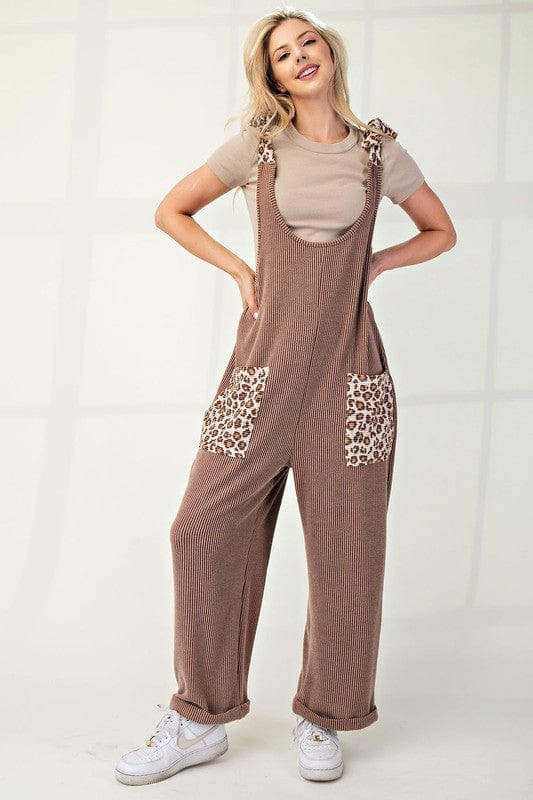 "Celeste Full Size Ribbed Leopard Tied Shoulder Overalls displayed on a mannequin, showcasing the bold leopard print and adjustable tied shoulder straps against a neutral background."