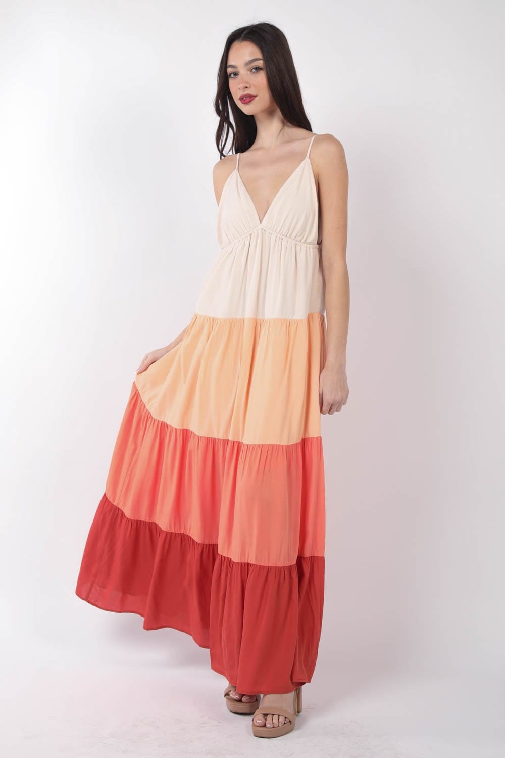  A color block tiered maxi cami dress by Unique Kulture, showcasing vibrant hues and flattering silhouette for a chic summer look."