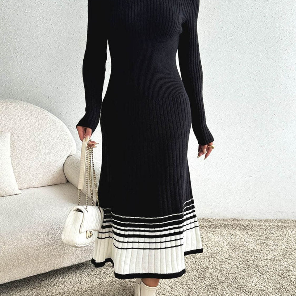 Front view of the Unique Kulture Contrast Mock Neck Long Sleeve Sweater Dress, featuring a stylish mock neck design, long sleeves, and a cozy sweater material. The dress showcases a modern silhouette with contrast detailing, perfect for casual outings and cooler weather
