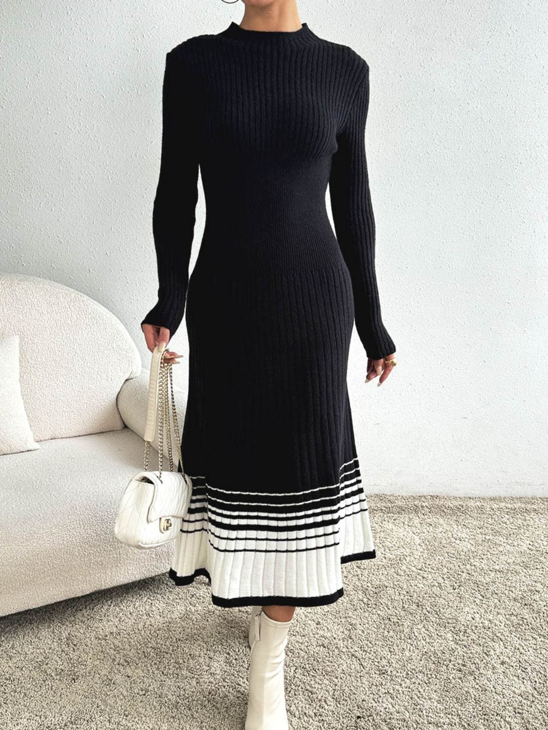 Front view of the Unique Kulture Contrast Mock Neck Long Sleeve Sweater Dress, featuring a stylish mock neck design, long sleeves, and a cozy sweater material. The dress showcases a modern silhouette with contrast detailing, perfect for casual outings and cooler weather
