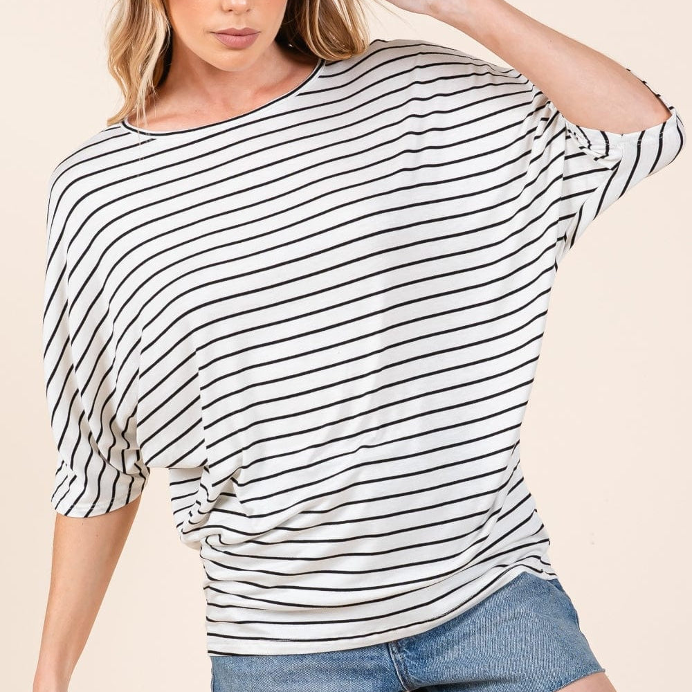 Front view of the BOMBOM Striped Boat Neck Dolman Sleeve Top, featuring a classic striped pattern and a flattering boat neckline. The top showcases stylish dolman sleeves and a relaxed fit, made from opaque fabric with a slightly stretchy texture. Perfect for casual and versatile styling
