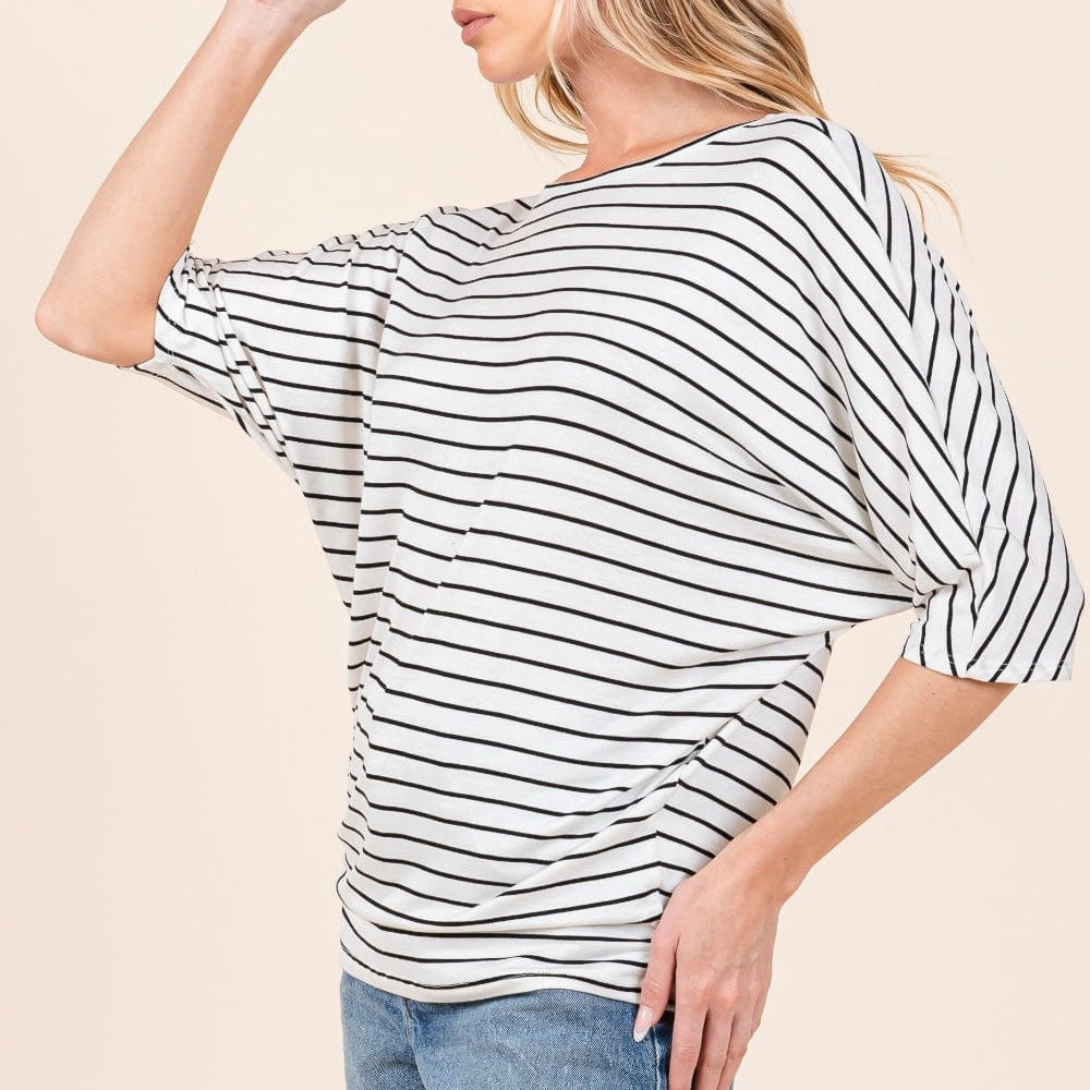 Front view of the BOMBOM Striped Boat Neck Dolman Sleeve Top, featuring a classic striped pattern and a flattering boat neckline. The top showcases stylish dolman sleeves and a relaxed fit, made from opaque fabric with a slightly stretchy texture. Perfect for casual and versatile styling
