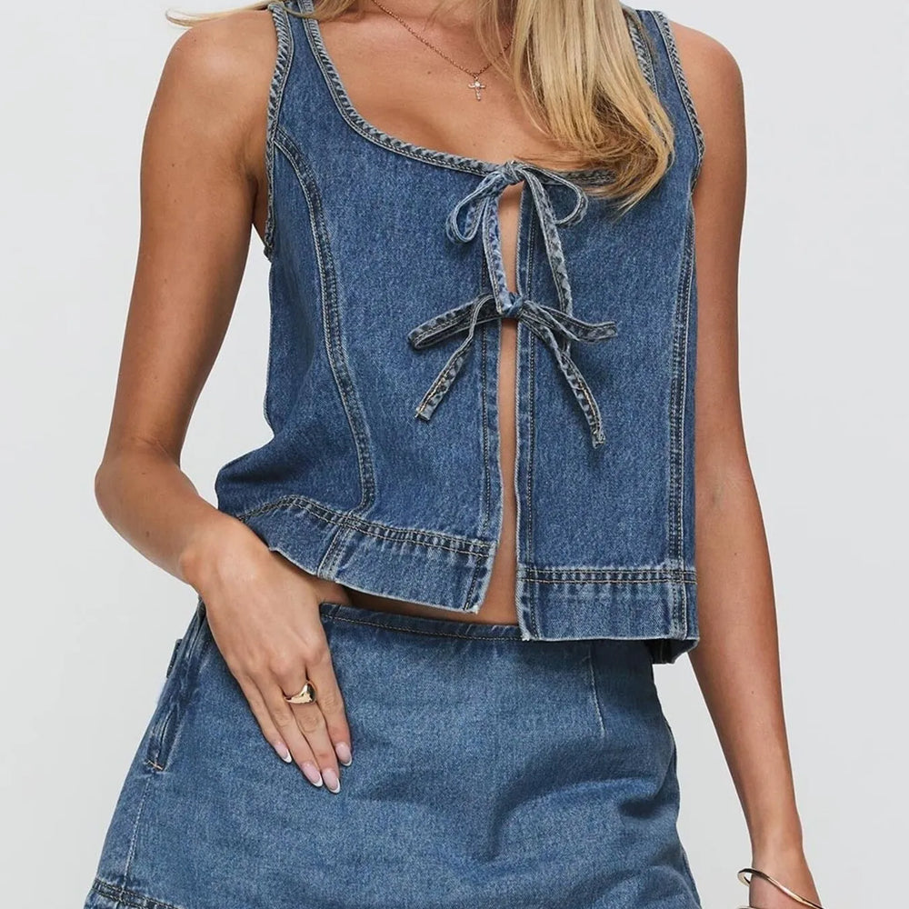 Tie front tank and skirt denim set with lace-up details and pockets, two-piece summer outfit, Unique Kulture

