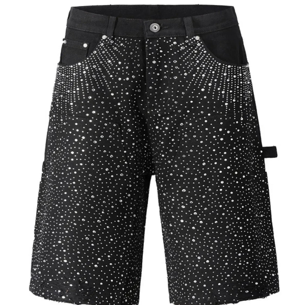 Men's Rhinestone Shorts with Pockets featuring durable fabric and rhinestone embellishments for a stylish loo at unique kulture black version 